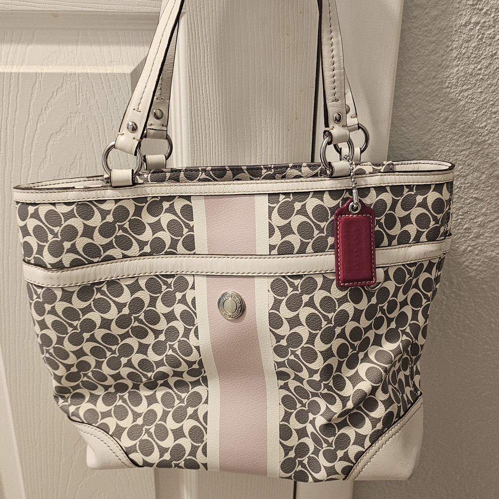 Coach Black and Cream Patterned Tote with Pink Accent